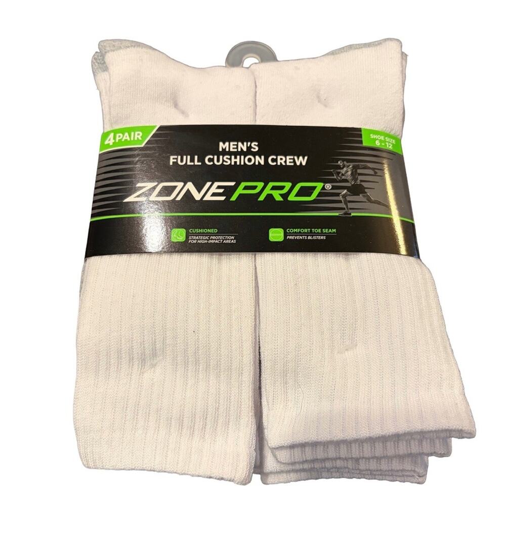 Zone Pro Men’s Full Cushion Crew Socks 4 Pair White Shoe Size 6-12 Cushioned New